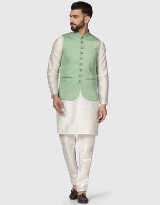 Mens solid white dupion kurta pyjama set with sage green jacket 4