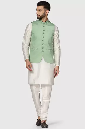 Mens solid white dupion kurta pyjama set with sage green jacket