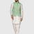 Mens solid white dupion kurta pyjama set with sage green jacket