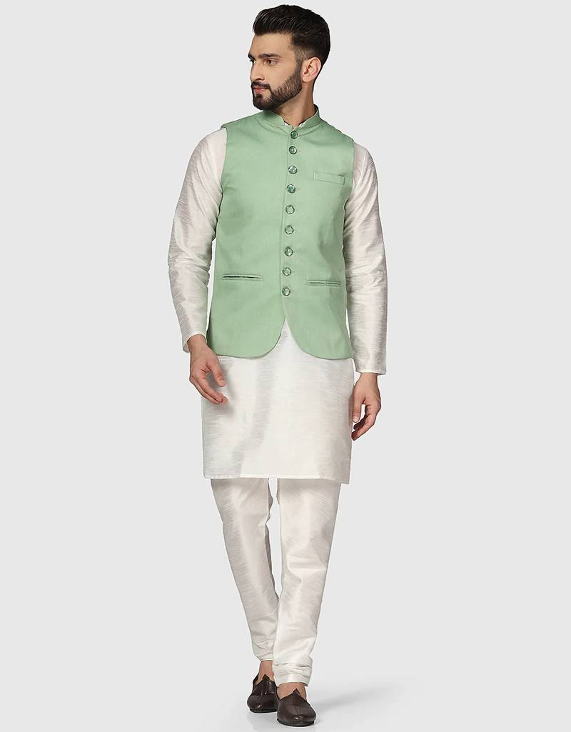 Mens solid white dupion kurta pyjama set with sage green jacket