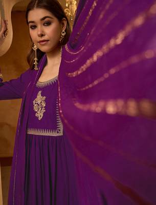 Women's Beautiful Embroidery Work Viscose Silk Fabric Flared Kurta Pant and Dupatta Set 2