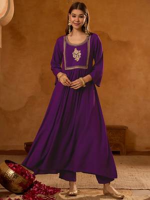 Women's Beautiful Embroidery Work Viscose Silk Fabric Flared Kurta Pant and Dupatta Set 6
