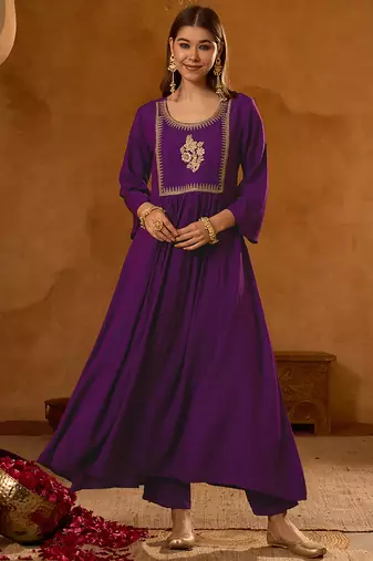 Women's Beautiful Embroidery Work Viscose Silk Fabric Flared Kurta Pant and Dupatta Set