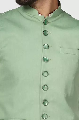 Mens solid white dupion kurta pyjama set with sage green jacket