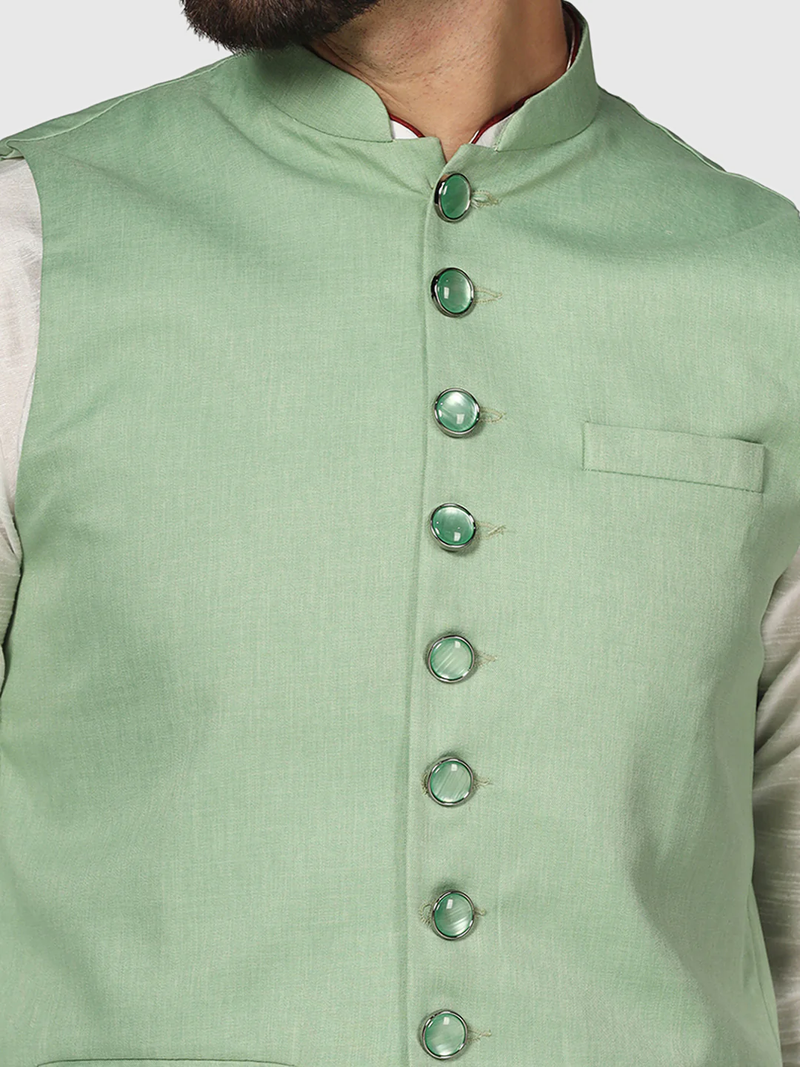 Mens solid white dupion kurta pyjama set with sage green jacket