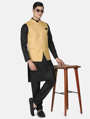 Mens solid black kurta pyjama set with golden jacket 1