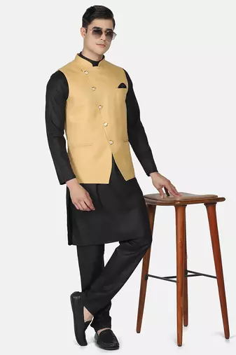 Mens solid black kurta pyjama set with golden jacket