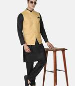 Mens solid black kurta pyjama set with golden jacket
