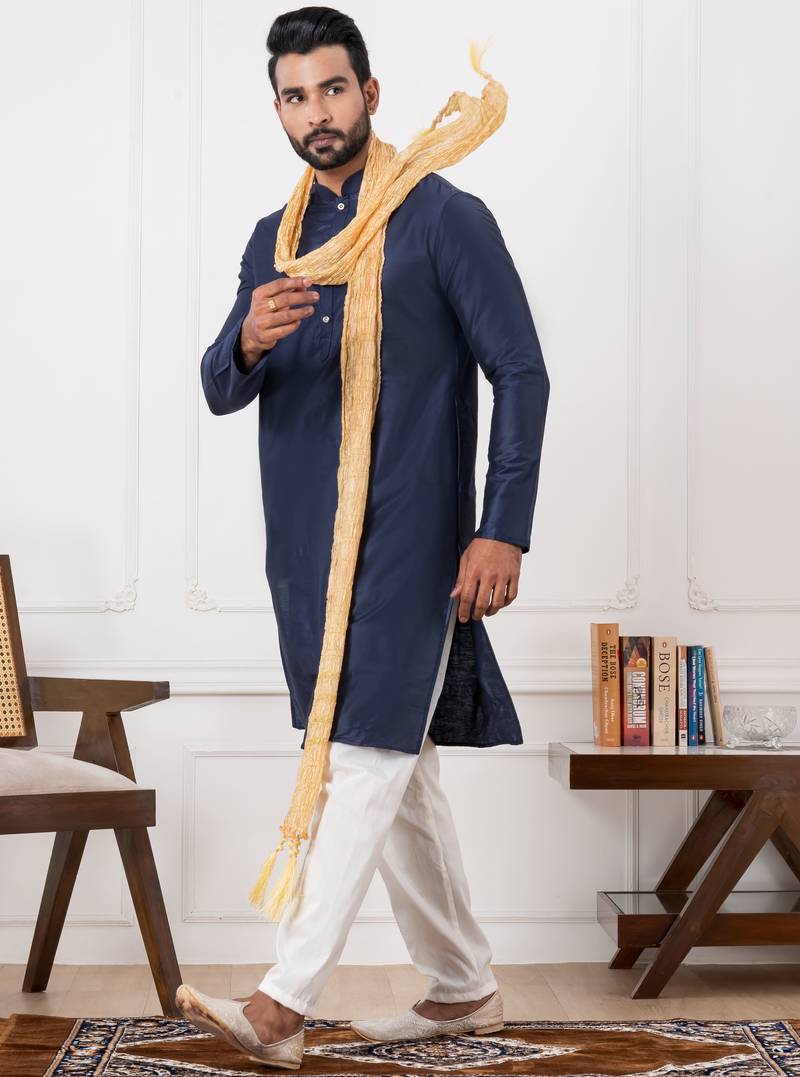  blue  silk blend kurta duppata  set for men 