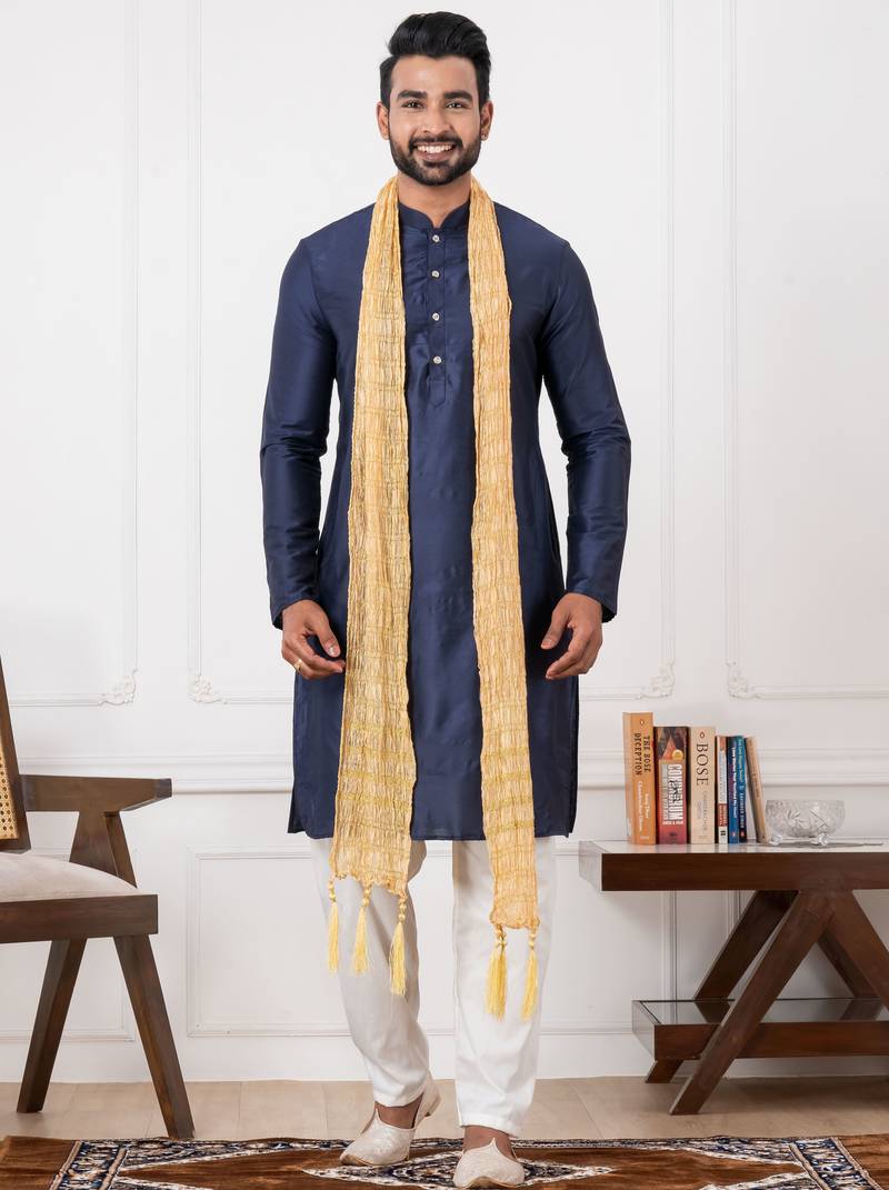  blue  silk blend kurta duppata  set for men 