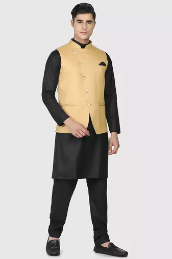 Mens solid black kurta pyjama set with golden jacket