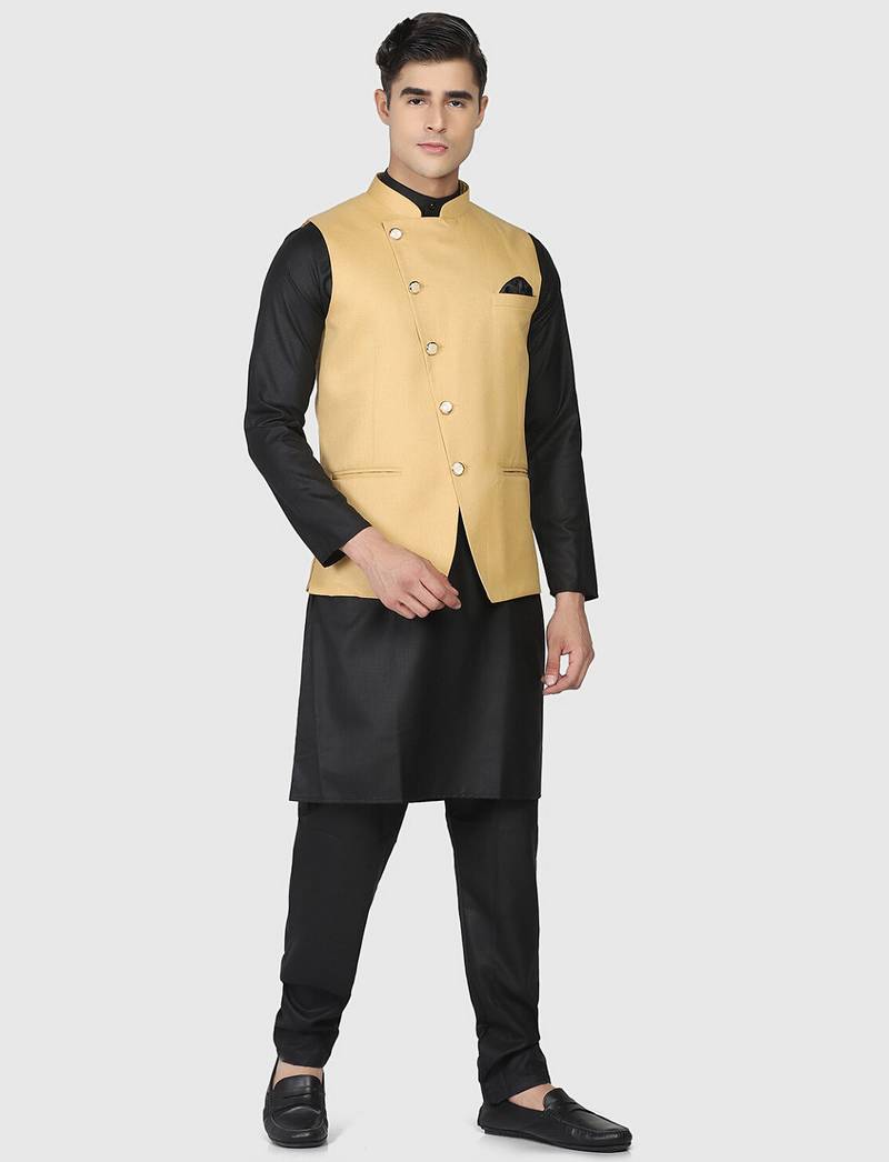 Mens solid black kurta pyjama set with golden jacket