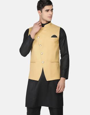Mens solid black kurta pyjama set with golden jacket 3