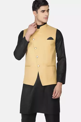 Mens solid black kurta pyjama set with golden jacket