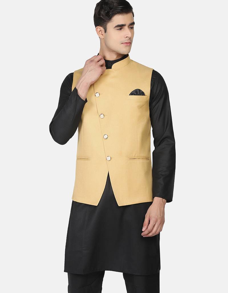 Mens solid black kurta pyjama set with golden jacket