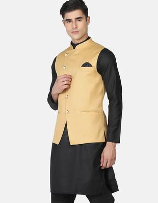 Mens solid black kurta pyjama set with golden jacket 4