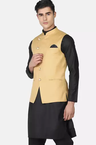 Mens solid black kurta pyjama set with golden jacket
