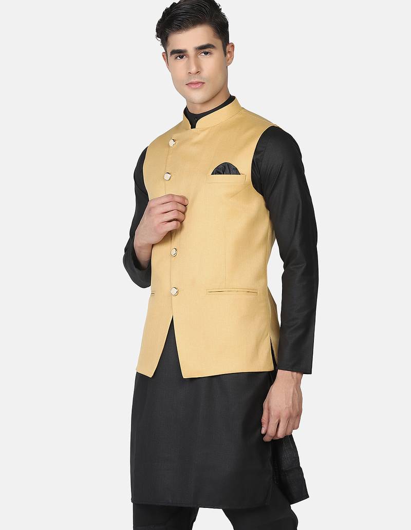 Mens solid black kurta pyjama set with golden jacket