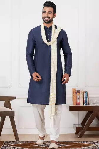  blue  silk blend kurta duppata  set for men 