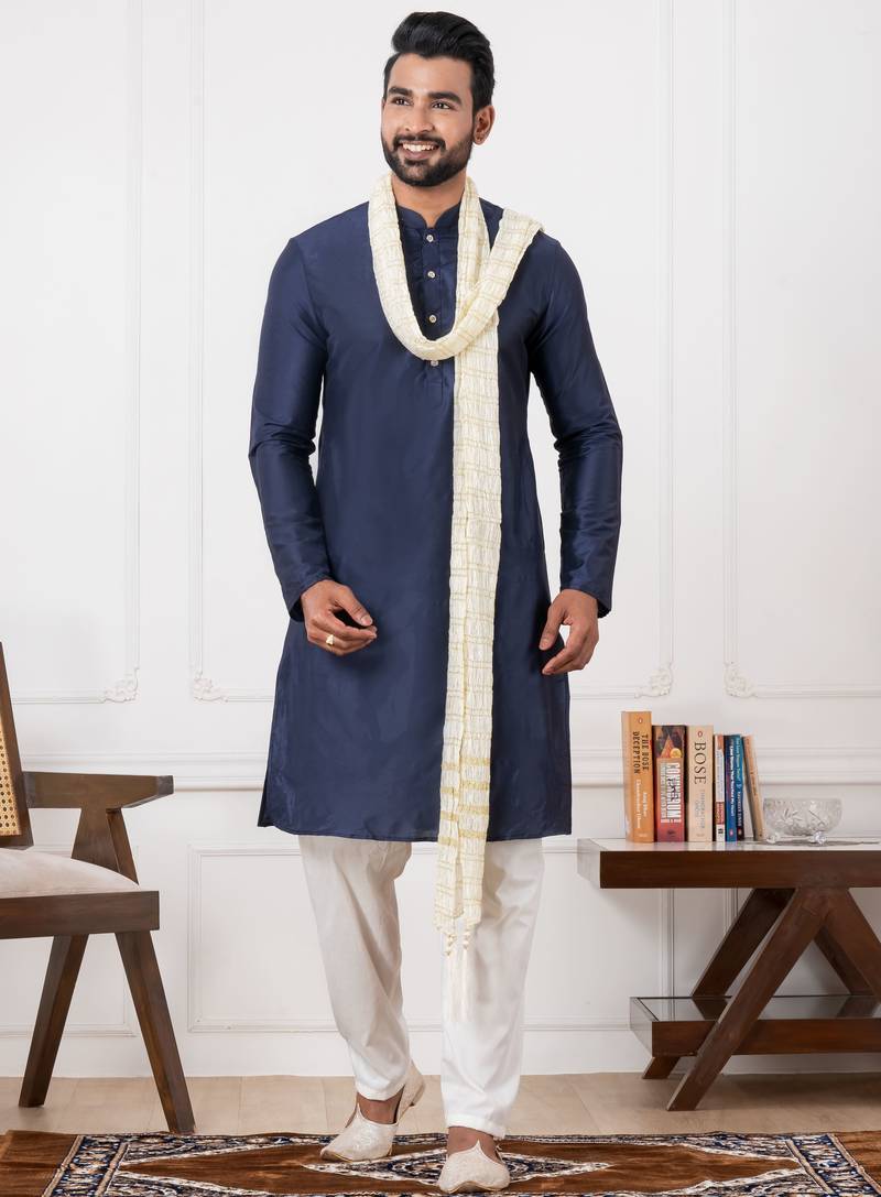  blue  silk blend kurta duppata  set for men 