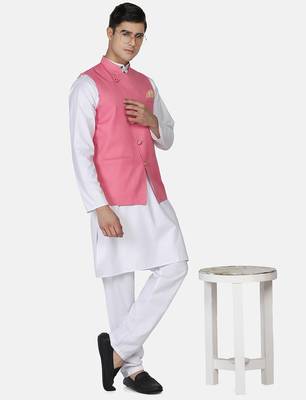 Mens solid white kurta pyjama set with pink angrakha jacket 1