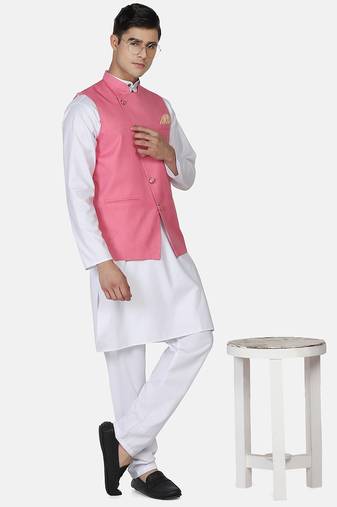 Mens solid white kurta pyjama set with pink angrakha jacket