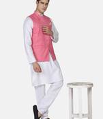 Mens solid white kurta pyjama set with pink angrakha jacket