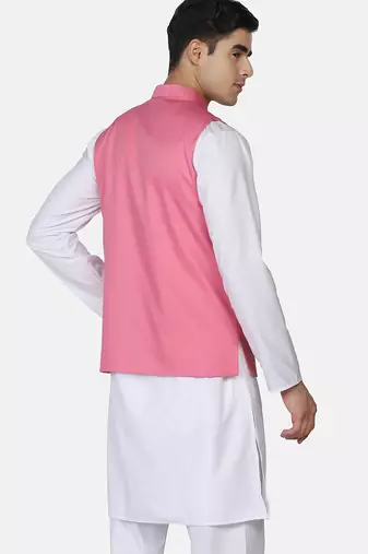 Mens solid white kurta pyjama set with pink angrakha jacket