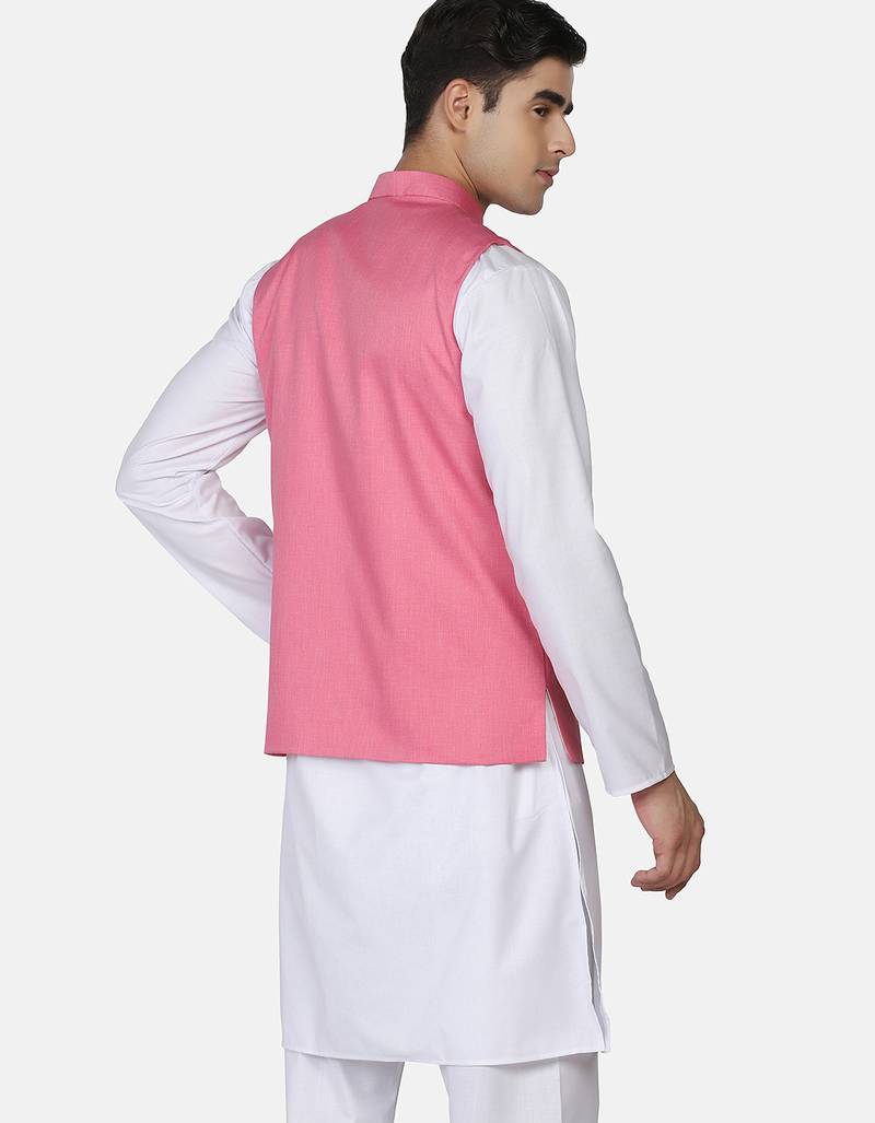Mens solid white kurta pyjama set with pink angrakha jacket