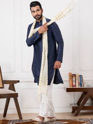  blue  silk blend kurta duppata  set for men  2