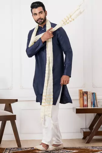  blue  silk blend kurta duppata  set for men 