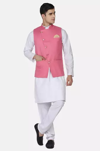 Mens solid white kurta pyjama set with pink angrakha jacket