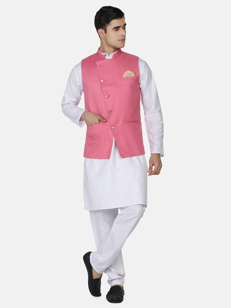 Mens solid white kurta pyjama set with pink angrakha jacket
