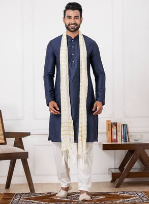  blue  silk blend kurta duppata  set for men  3