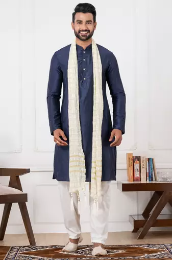  blue  silk blend kurta duppata  set for men 