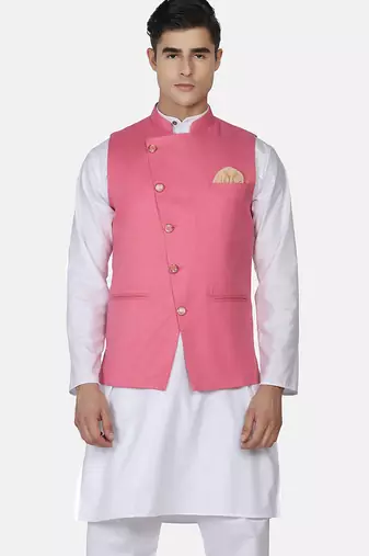 Mens solid white kurta pyjama set with pink angrakha jacket