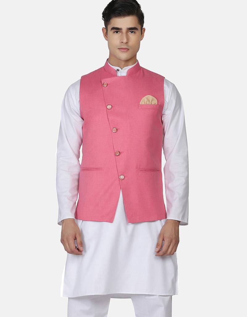 Mens solid white kurta pyjama set with pink angrakha jacket