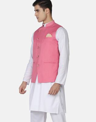 Mens solid white kurta pyjama set with pink angrakha jacket 5