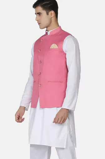 Mens solid white kurta pyjama set with pink angrakha jacket