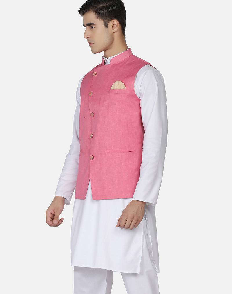 Mens solid white kurta pyjama set with pink angrakha jacket