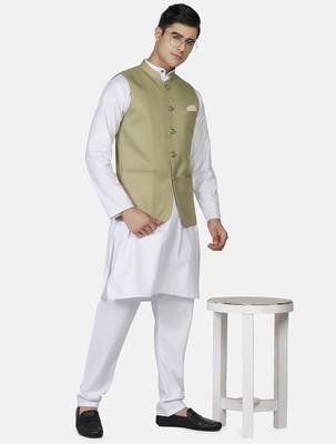 Mens solid white kurta pyjama set with sage green jacket 1