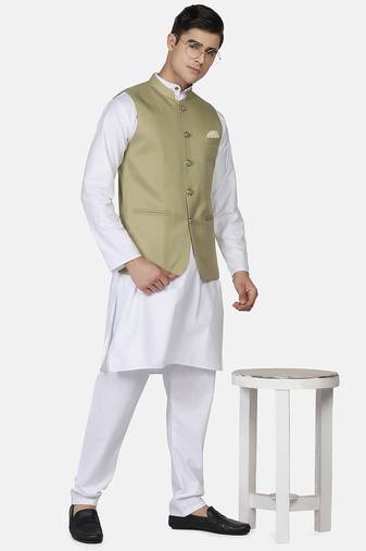 Mens solid white kurta pyjama set with sage green jacket