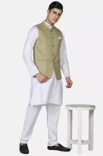 Mens solid white kurta pyjama set with sage green jacket