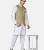 Mens solid white kurta pyjama set with sage green jacket