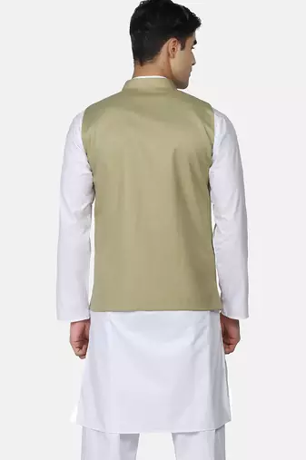 Mens solid white kurta pyjama set with sage green jacket