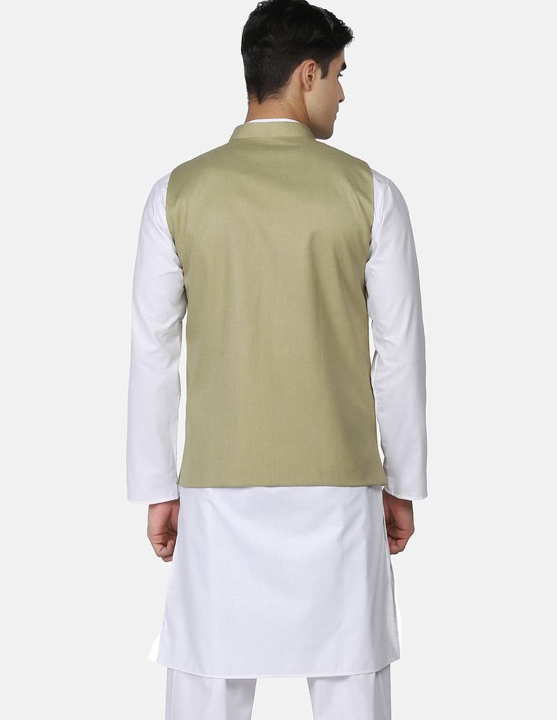 Mens solid white kurta pyjama set with sage green jacket