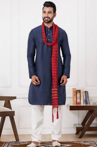  blue  silk blend kurta duppata  set for men