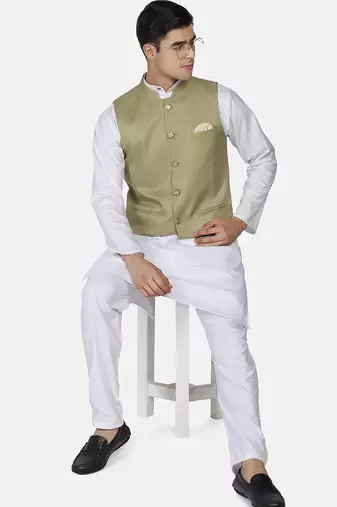 Mens solid white kurta pyjama set with sage green jacket