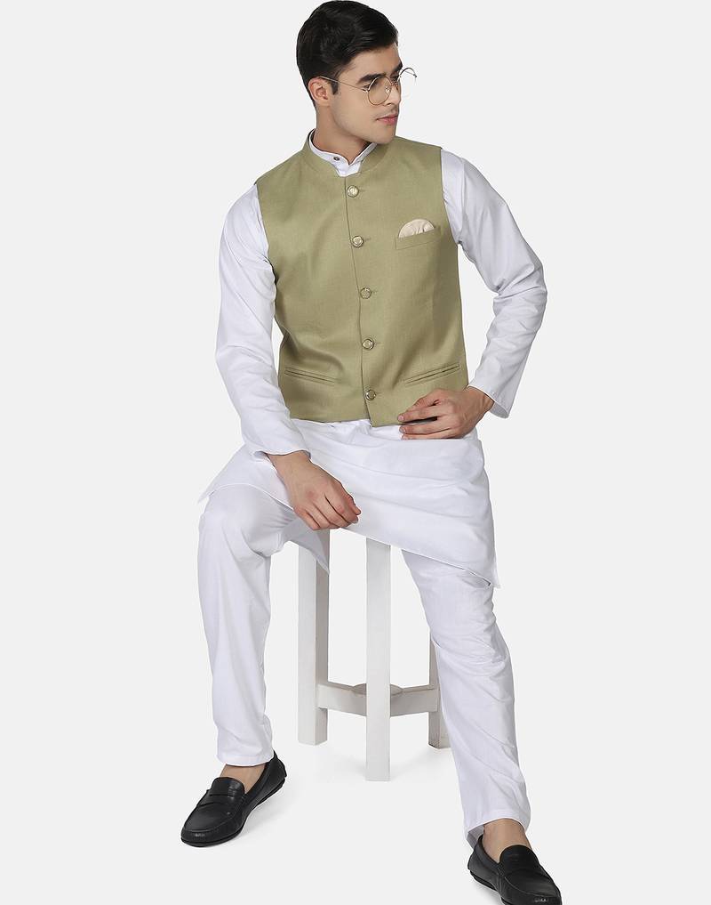 Mens solid white kurta pyjama set with sage green jacket