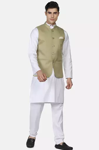 Mens solid white kurta pyjama set with sage green jacket